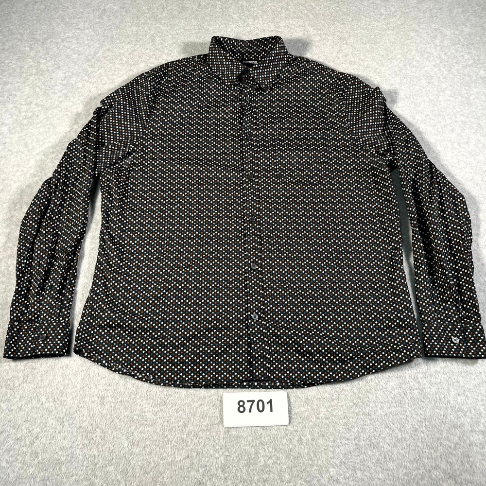 Express Shirt Mens Large Black Printed Cotton Stretch Collared Button Up Casual